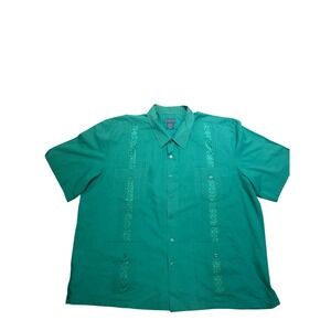 TropiCool Mens Button Up Shirt Teal Embroidered Short Sleeve Cuban Camp Size 2XL